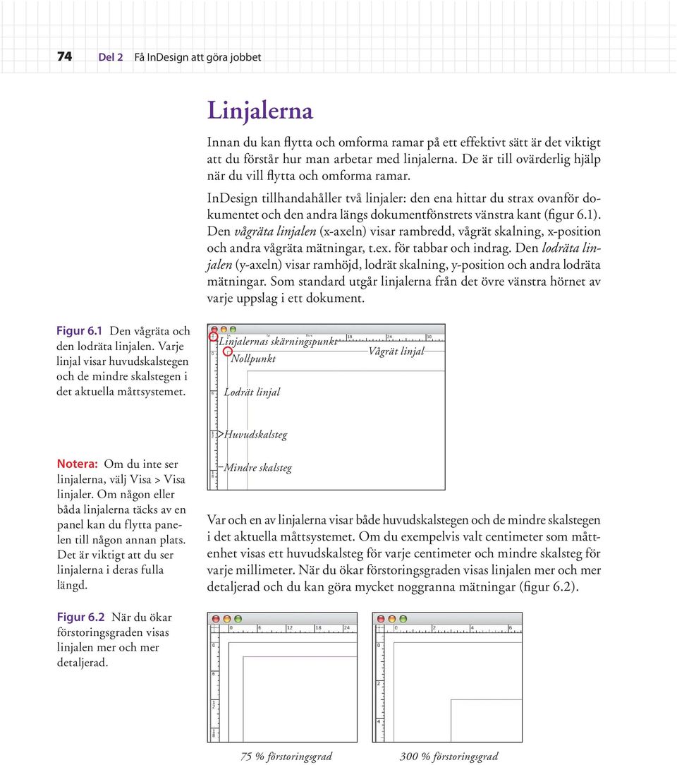 InDesign tillhandahåller två linjaler: den ena hittar du strax ovanför dokumentet och den andra längs dokumentfönstrets vänstra kant (figur 6.1).