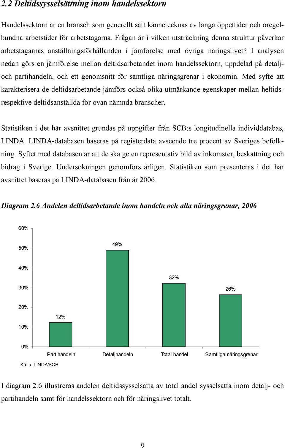 I analysen nedan görs en jämförelse mellan deltidsarbetandet inom handelssektorn, uppdelad på detaljoch partihandeln, och ett genomsnitt för samtliga näringsgrenar i ekonomin.