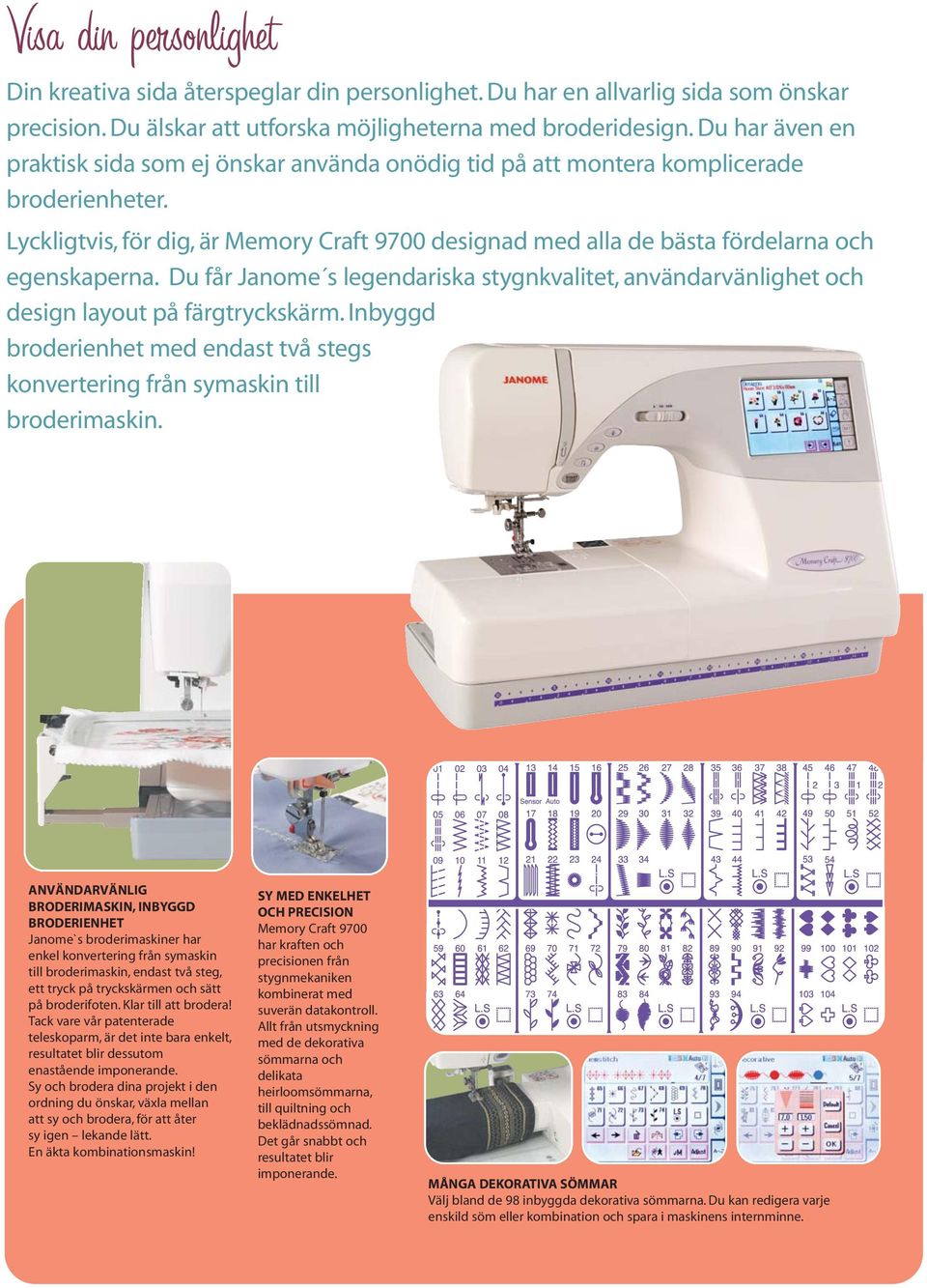 Lyckligtvis, för dig, är Memory Craft 9700 designad med alla de bästa fördelarna och egenskaperna. Du får Janome s legendariska stygnkvalitet, användarvänlighet och design layout på färgtryckskärm.