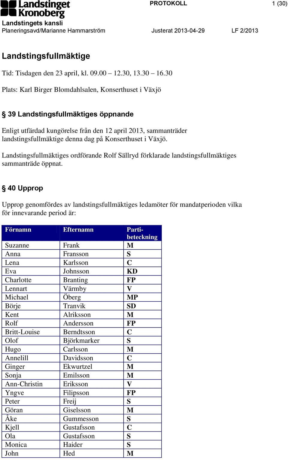 Konserthuset i Växjö. Landstingsfullmäktiges ordförande Rolf Sällryd förklarade landstingsfullmäktiges sammanträde öppnat.