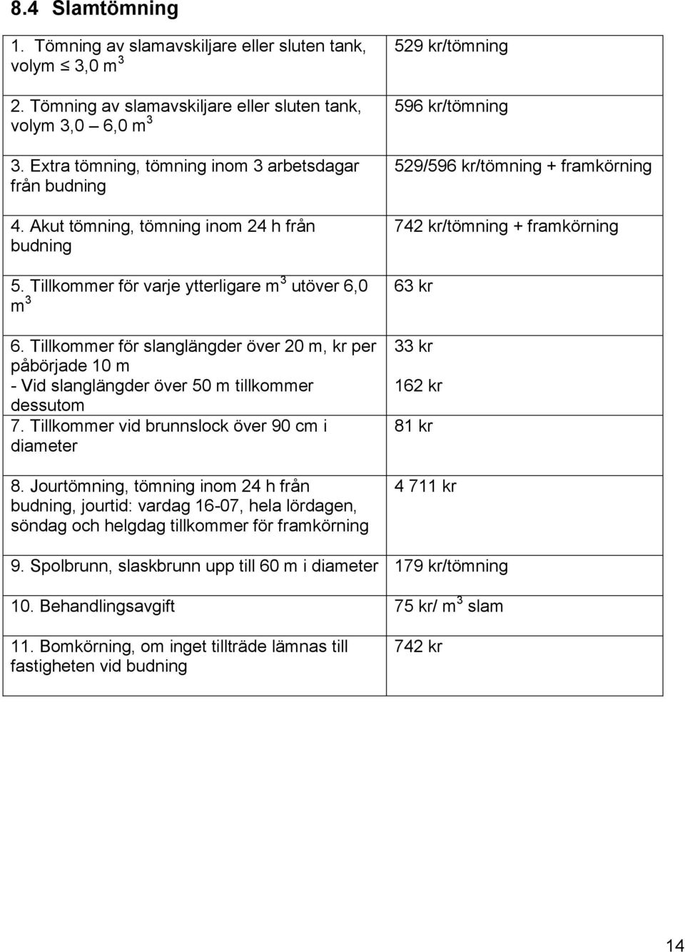 Tillkommer för slanglängder över 20 m, kr per påbörjade 10 m - Vid slanglängder över 50 m tillkommer dessutom 7. Tillkommer vid brunnslock över 90 cm i diameter 8.