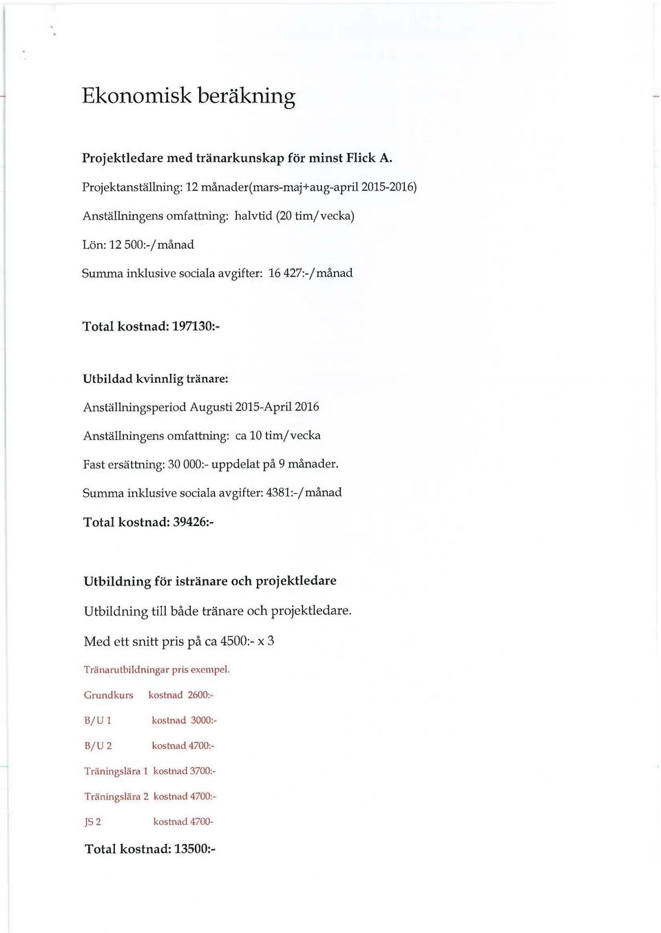 197130:- Utbildad kvinnlig tränare: Anställningsperiod Augusti 2015-April2016 Anställningens omfattning: ca 10 tirn/vecka Fast ersättning: 30 000:- uppdelat på 9 månader.