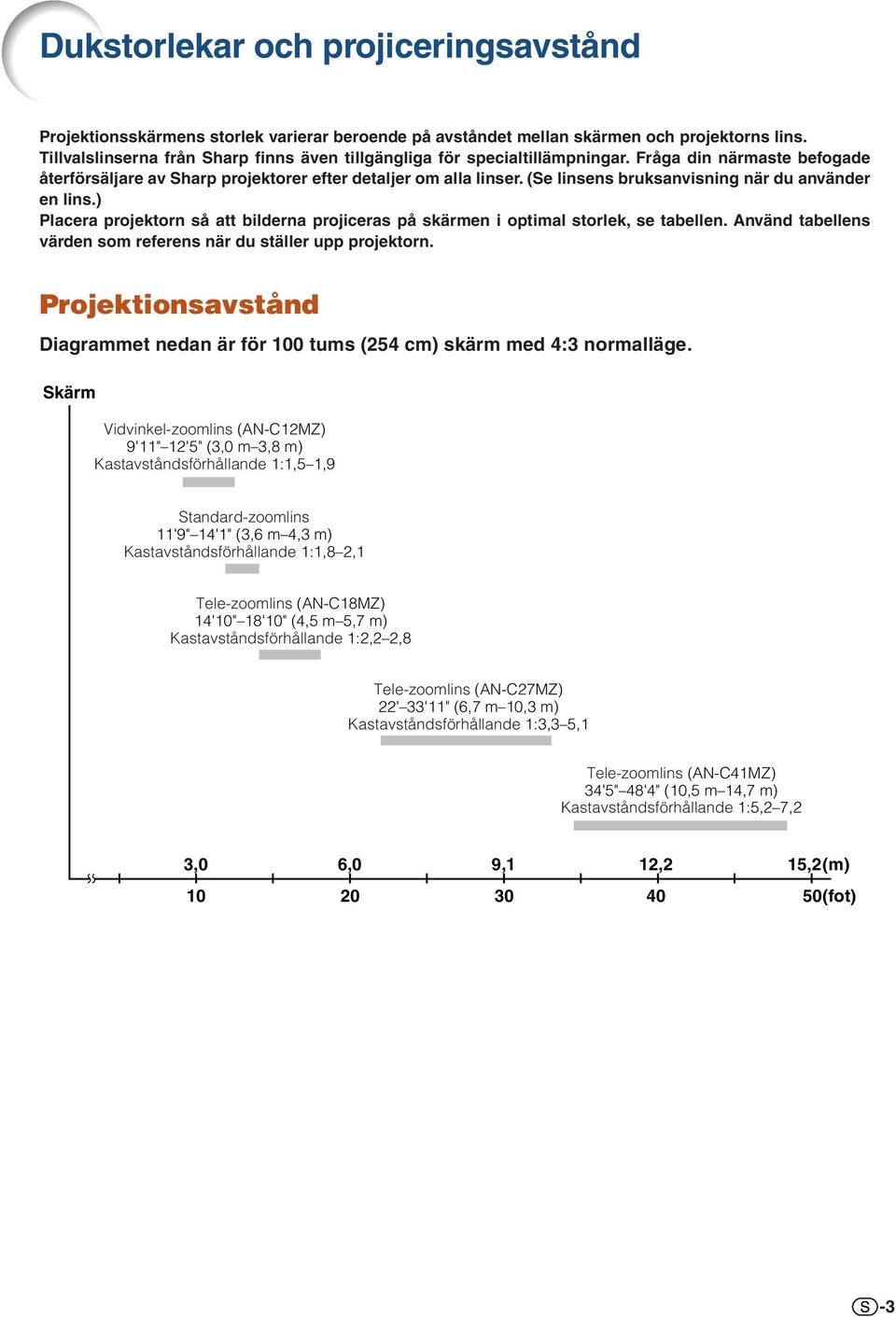 (Se linsens bruksanvisning när du använder en lins.) Placera projektorn så att bilderna projiceras på skärmen i optimal storlek, se tabellen.