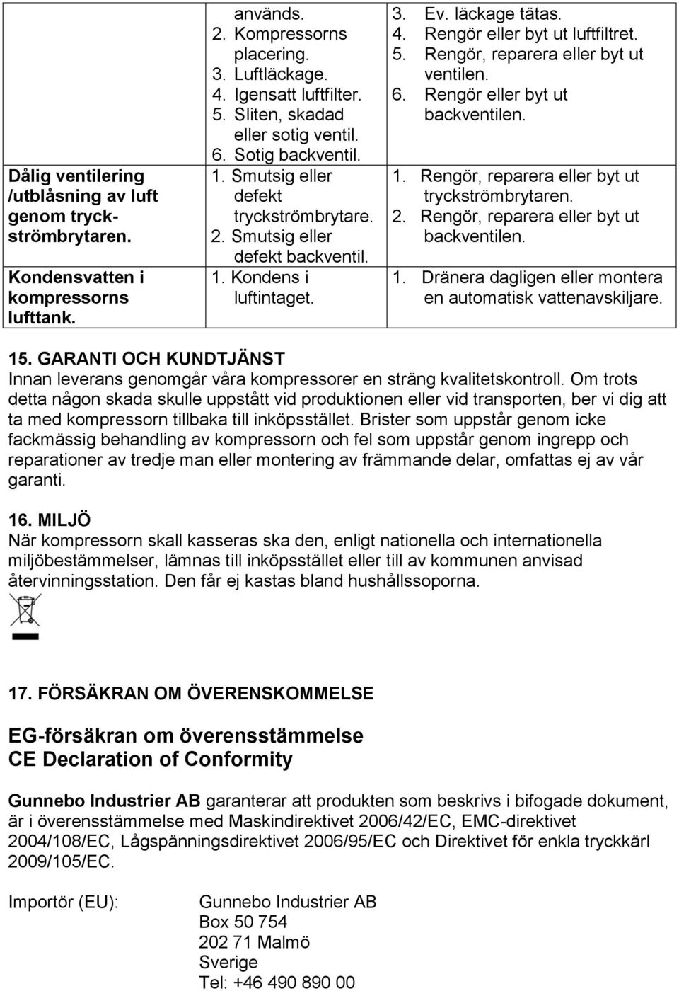 Rengör eller byt ut luftfiltret. 5. Rengör, reparera eller byt ut ventilen. 6. Rengör eller byt ut backventilen. 1. Rengör, reparera eller byt ut tryckströmbrytaren. 2.