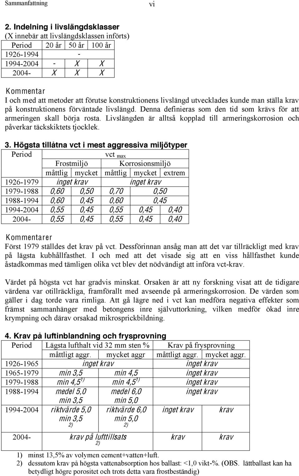 livslängd utvecklades kunde man ställa krav på konstruktionens förväntade livslängd. Denna definieras som den tid som krävs för att armeringen skall börja rosta.