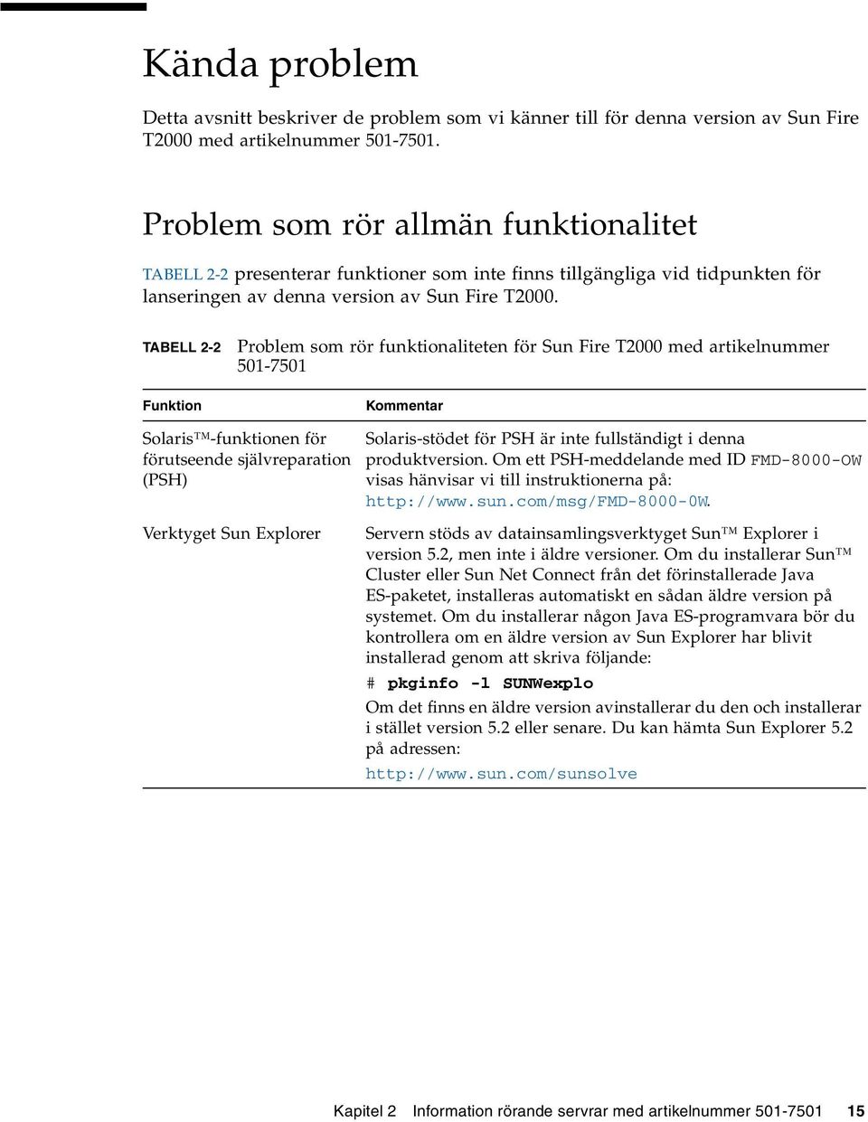 TABELL 2-2 Funktion Problem som rör funktionaliteten för Sun Fire T2000 med artikelnummer 501-7501 Kommentar Solaris -funktionen för förutseende självreparation (PSH) Solaris-stödet för PSH är inte