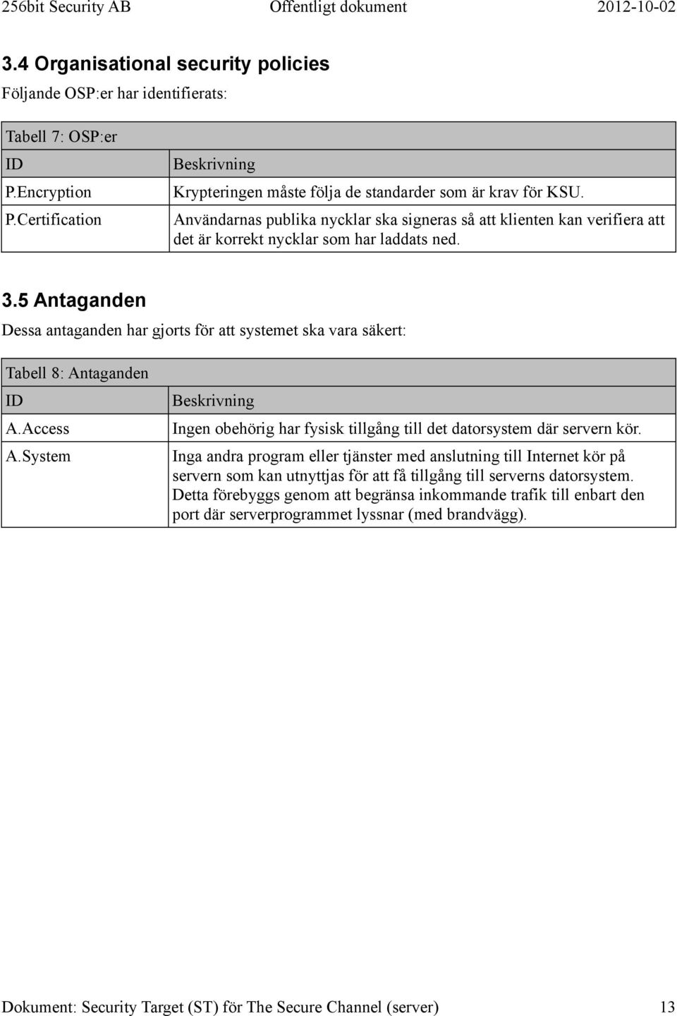 5 Antaganden Dessa antaganden har gjorts för att systemet ska vara säkert: Tabell 8: Antaganden ID A.Access A.