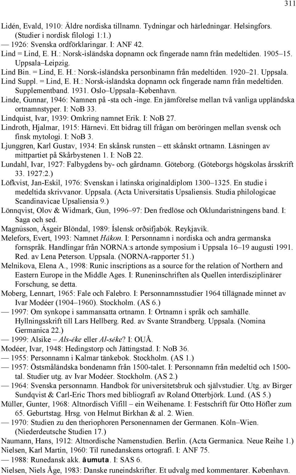 Supplementband. 1931. Oslo Uppsala København. Linde, Gunnar, 1946: Namnen på -sta och -inge. En jämförelse mellan två vanliga uppländska ortnamnstyper. I: NoB 33.