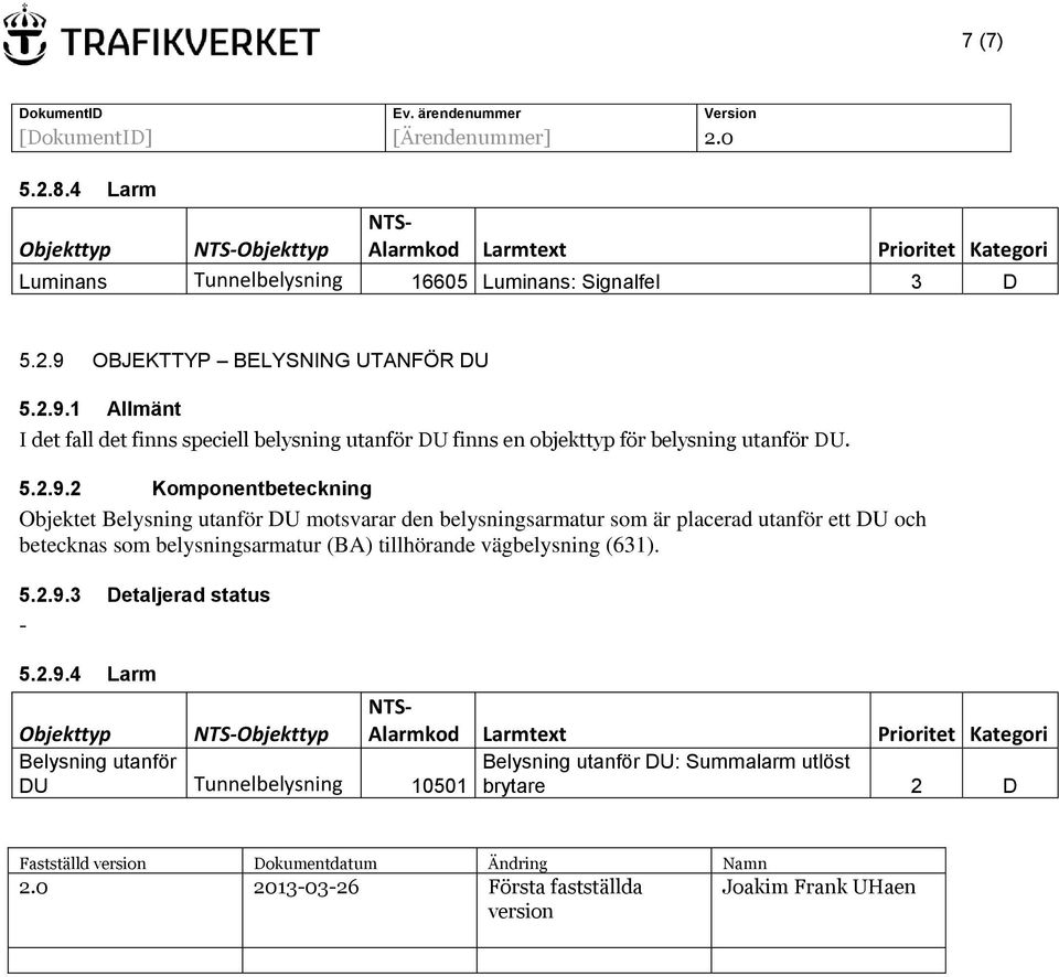 1 Allmänt I det fall det finns speciell belysning utanför DU finns en objekttyp för belysning utanför DU. 5.2.9.