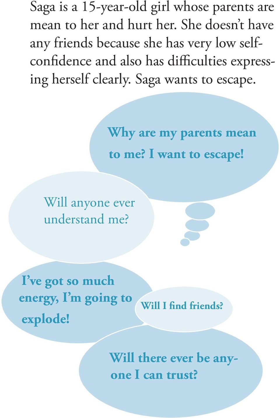 expressing herself clearly. Saga wants to escape. Why are my parents mean to me? I want to escape!