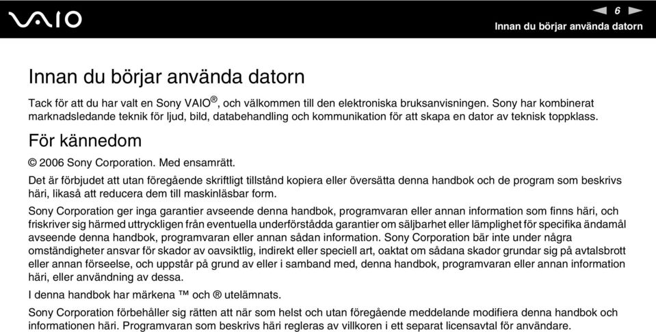 Det är förbjudet att utan föregående skriftligt tillstånd kopiera eller översätta denna handbok och de program som beskrivs häri, likaså att reducera dem till maskinläsbar form.