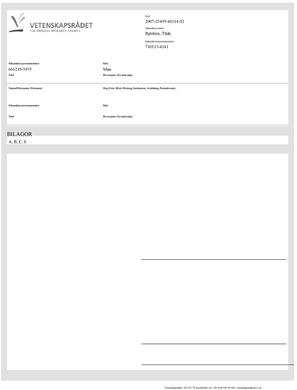 /Företag, Institution, Avdelning, Postadressetc. Sökandens personnummer Kön Titel Dr.