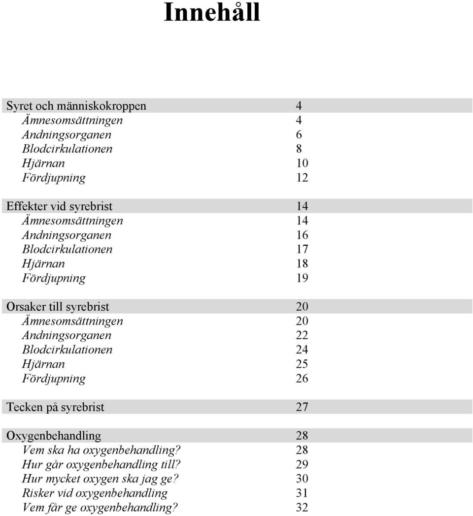 Ämnesomsättningen 20 Andningsorganen 22 Blodcirkulationen 24 Hjärnan 25 Fördjupning 26 Tecken på syrebrist 27 Oxygenbehandling 28 Vem ska
