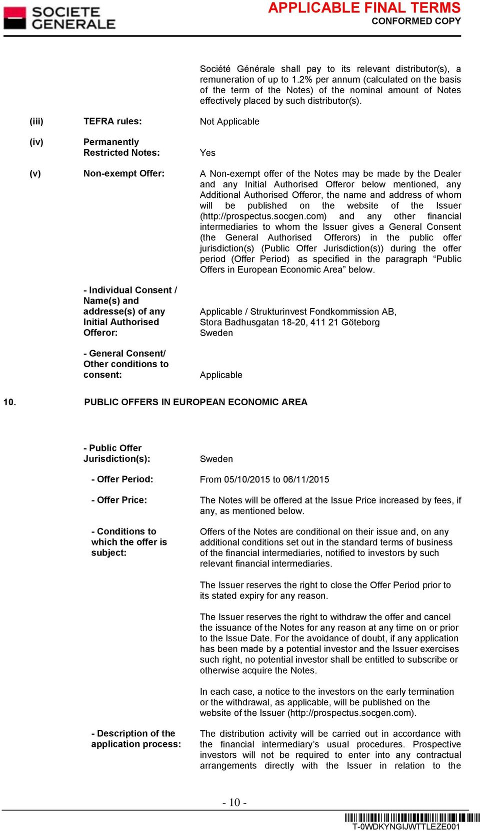 (iv) Permanently Restricted Notes: Yes (v) Non-exempt Offer: A Non-exempt offer of the Notes may be made by the Dealer and any Initial Authorised Offeror below mentioned, any Additional Authorised