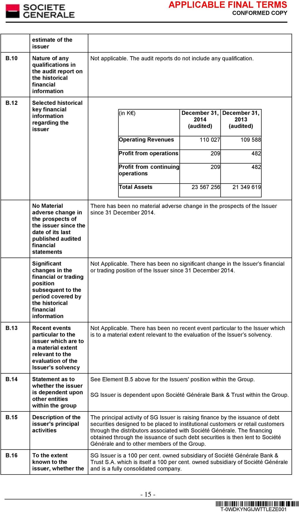 12 Selected historical key financial information regarding the issuer (in K ) December 31, 2014 (audited) December 31, 2013 (audited) Operating Revenues 110 027 109 588 Profit from operations 209 482