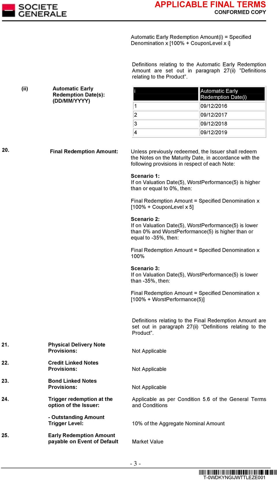 Final Redemption Amount: Unless previously redeemed, the Issuer shall redeem the Notes on the Maturity Date, in accordance with the following provisions in respect of each Note: Scenario 1: If on