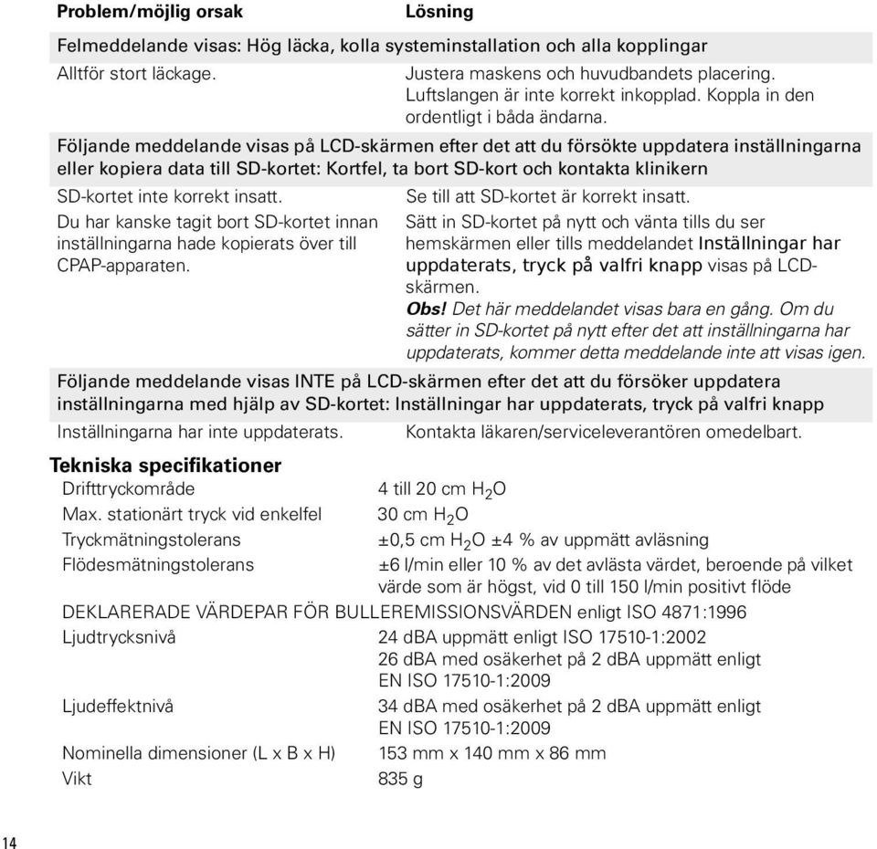 Följande meddelande visas på LCD-skärmen efter det att du försökte uppdatera inställningarna eller kopiera data till SD-kortet: Kortfel, ta bort SD-kort och kontakta klinikern SD-kortet inte korrekt