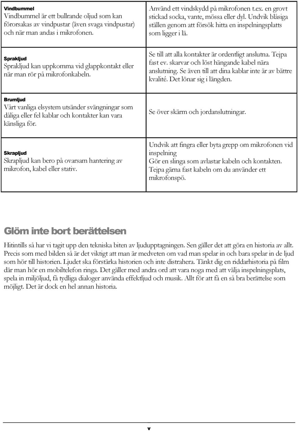 Undvik blåsiga ställen genom att försök hitta en inspelningsplatts som ligger i lä. Se till att alla kontakter är ordentligt anslutna. Tejpa fast ev. skarvar och löst hängande kabel nära anslutning.