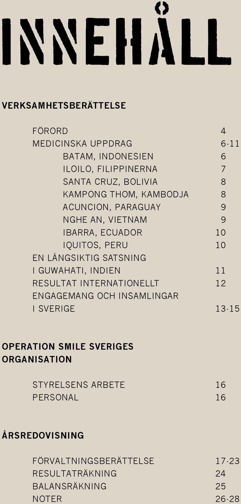 satsning i guwahati, indien 11 Resultat internationellt 12 engagemang och insamlingar i Sverige 13-15 Operation Smile Sveriges