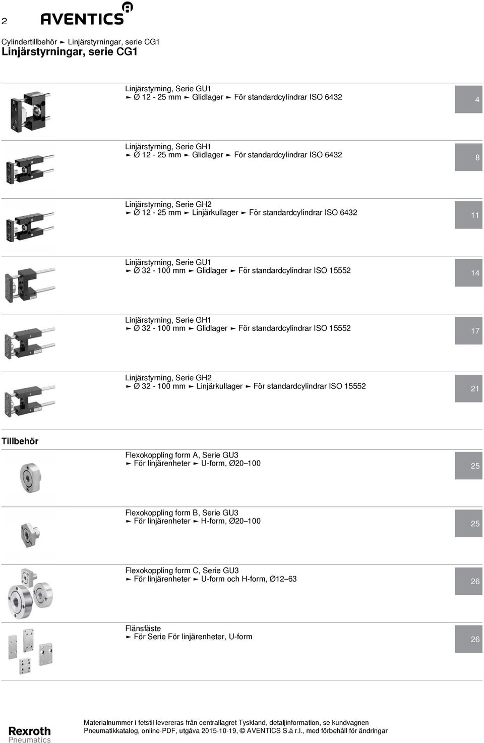 ISO 15552 14 Linjärstyrning, Serie GH1 Ø 32-100 mm Glidlager För standardcylindrar ISO 15552 17 Linjärstyrning, Serie GH2 Ø 32-100 mm Linjärkullager För standardcylindrar ISO 15552 21 Tillbehör