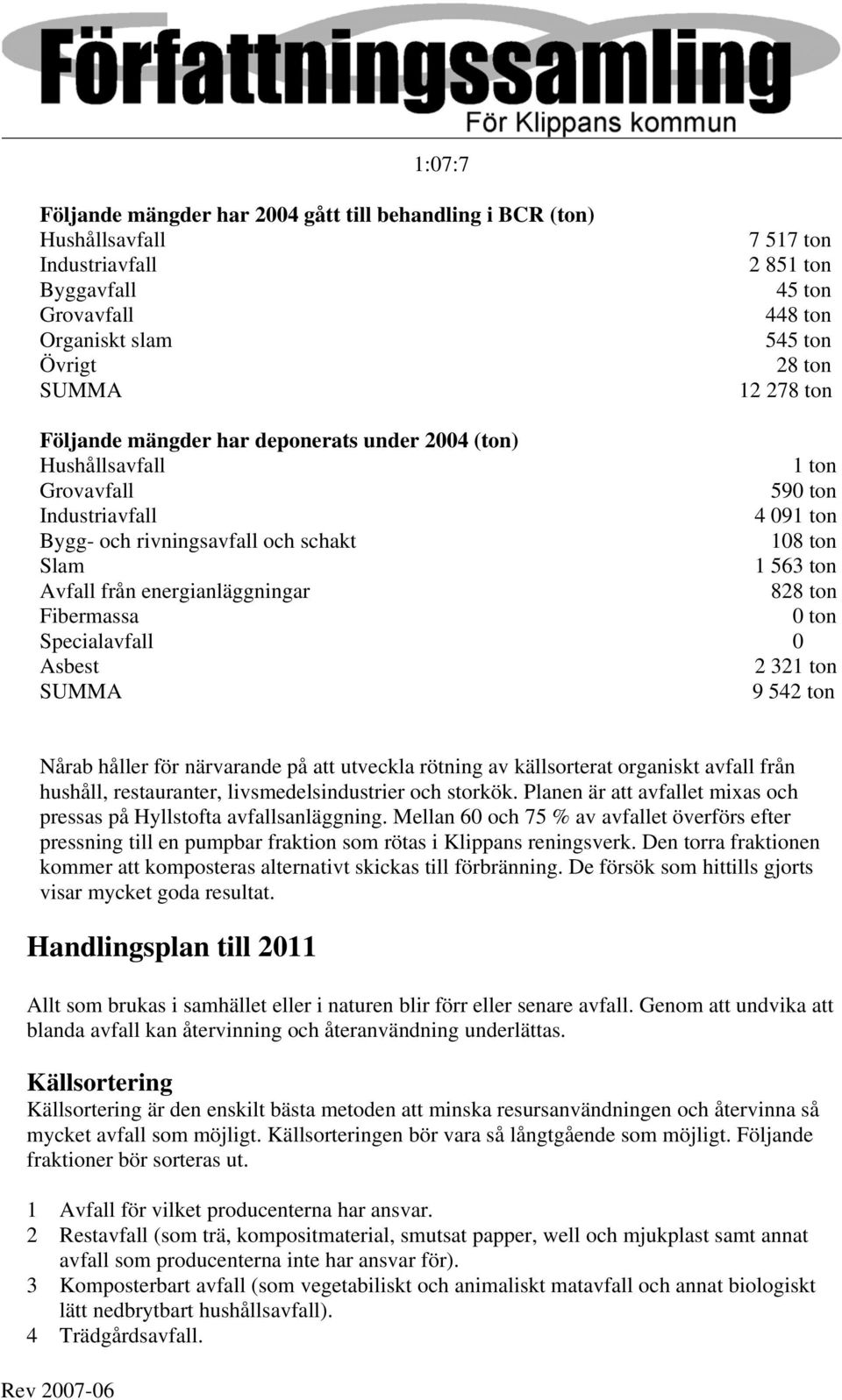 energianläggningar 828 ton Fibermassa 0 ton Specialavfall 0 Asbest 2 321 ton SUMMA 9 542 ton Nårab håller för närvarande på att utveckla rötning av källsorterat organiskt avfall från hushåll,