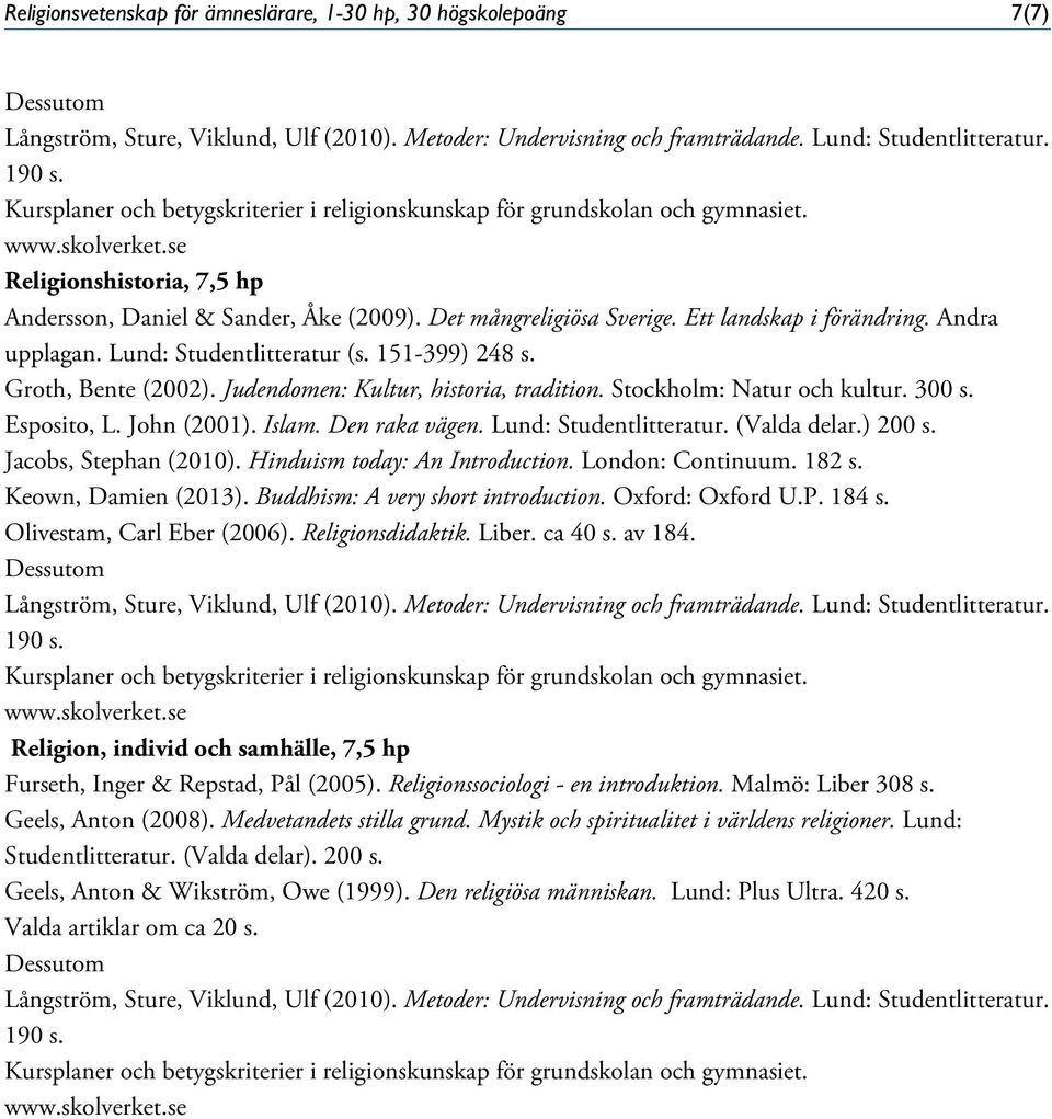 Den raka vägen. Lund: Studentlitteratur. (Valda delar.) 200 s. Jacobs, Stephan (2010). Hinduism today: An Introduction. London: Continuum. 182 s. Keown, Damien (2013).