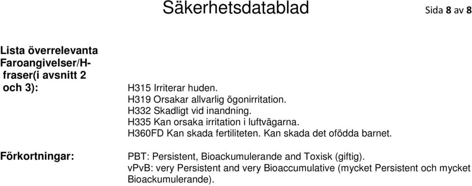 H335 Kan orsaka irritation i luftvägarna. H360FD Kan skada fertiliteten. Kan skada det ofödda barnet.