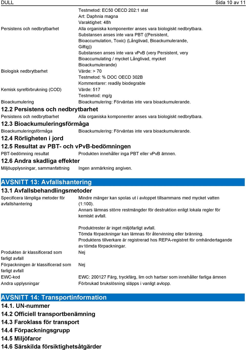 mycket Bioackumulerande) Biologisk nedbrytbarhet Värde: > 70 Testmetod: % DOC OECD 302B Kommentarer: readily biodegrable Kemisk syreförbrukning (COD) Värde: 517 Testmetod: mg/g Bioackumulering 12.