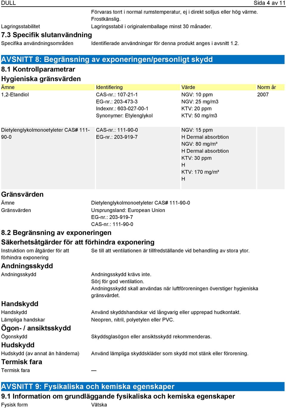 1 Kontrollparametrar Hygieniska gränsvärden Identifiering Värde Norm år 1,2-Etandiol CAS-nr.: 107-21-1 EG-nr.: 203-473-3 Indexnr.