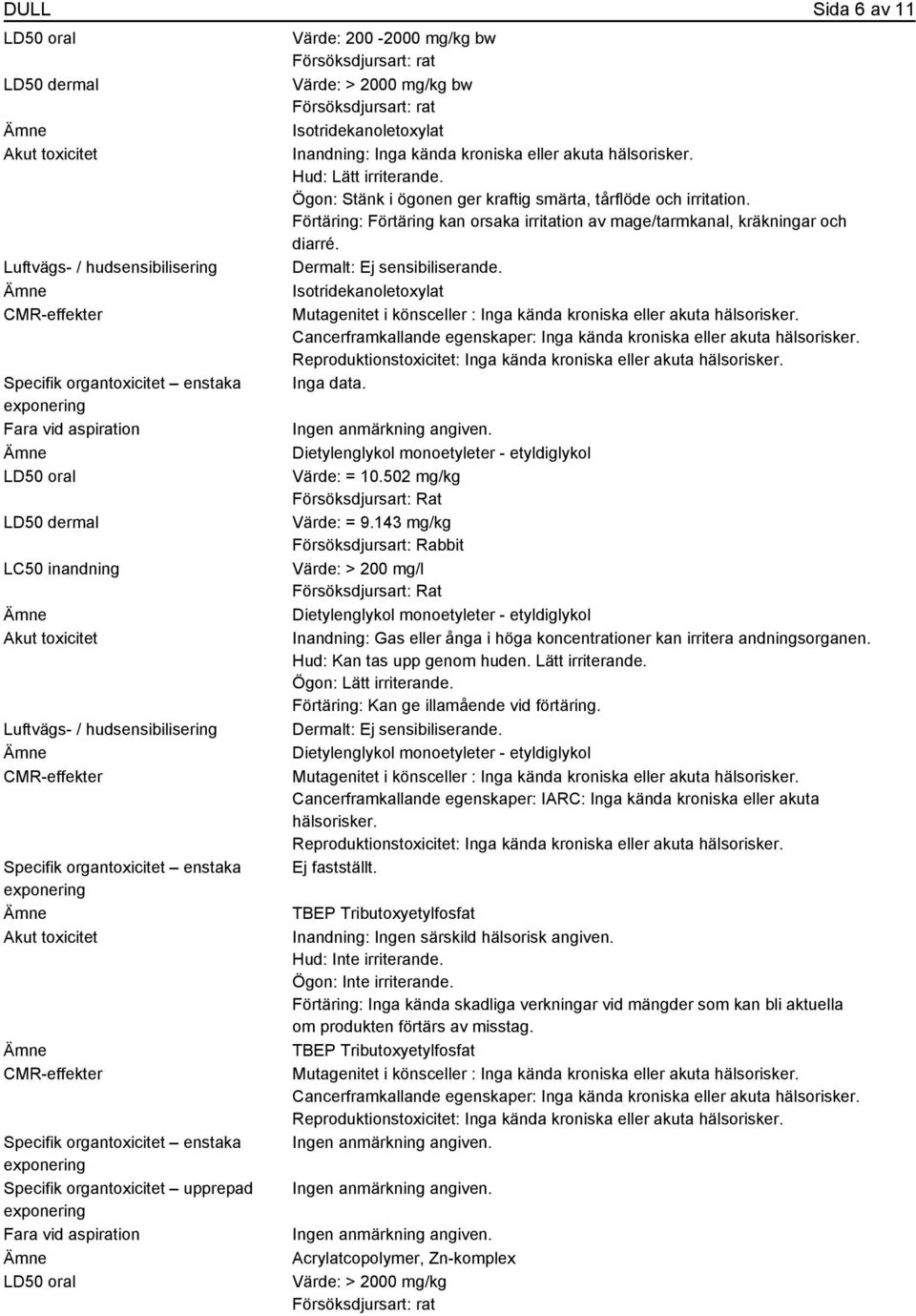 Försöksdjursart: rat Värde: > 2000 mg/kg bw Försöksdjursart: rat Isotridekanoletoxylat Inandning: Inga kända kroniska eller akuta hälsorisker. Hud: Lätt irriterande.