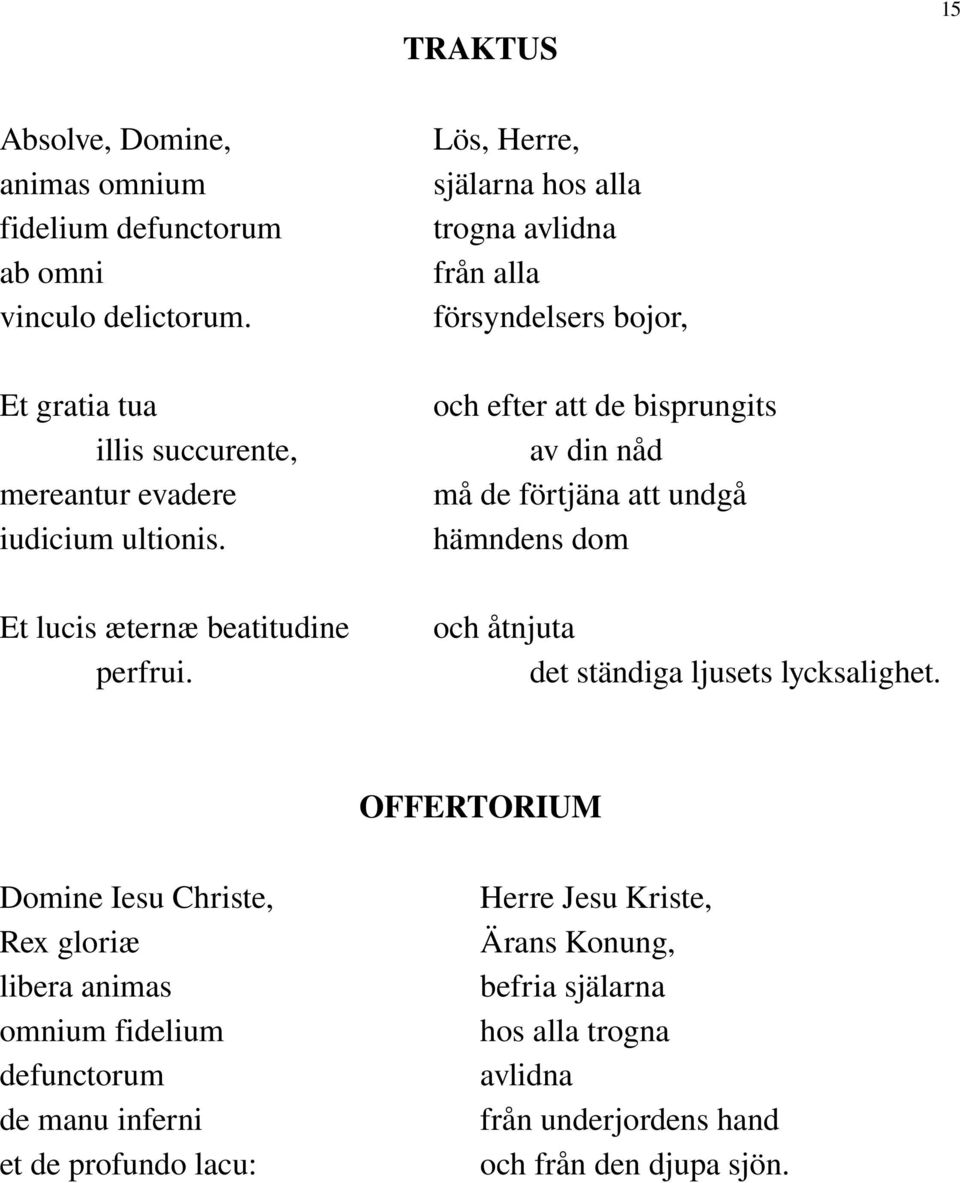 Lös, Herre, själarna hos alla trogna avlidna från alla försyndelsers bojor, och efter att de bisprungits av din nåd må de förtjäna att undgå hämndens dom och