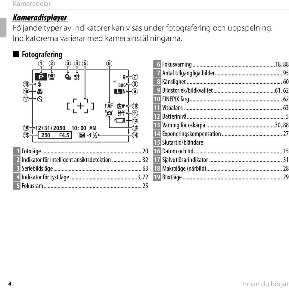 ..3, 72 5 Fokusram... 25 6 Fokusvarning...18, 88 7 Antal tillgängliga bilder... 95 8 Känslighet... 60 9 Bildstorlek/bildkvalitet...61, 62 10 FINEPIX färg... 62 11 Vitbalans.