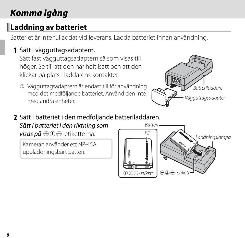 Q Vägguttagsadaptern är endast till för användning med det medföljande batteriet. Använd den inte med andra enheter.