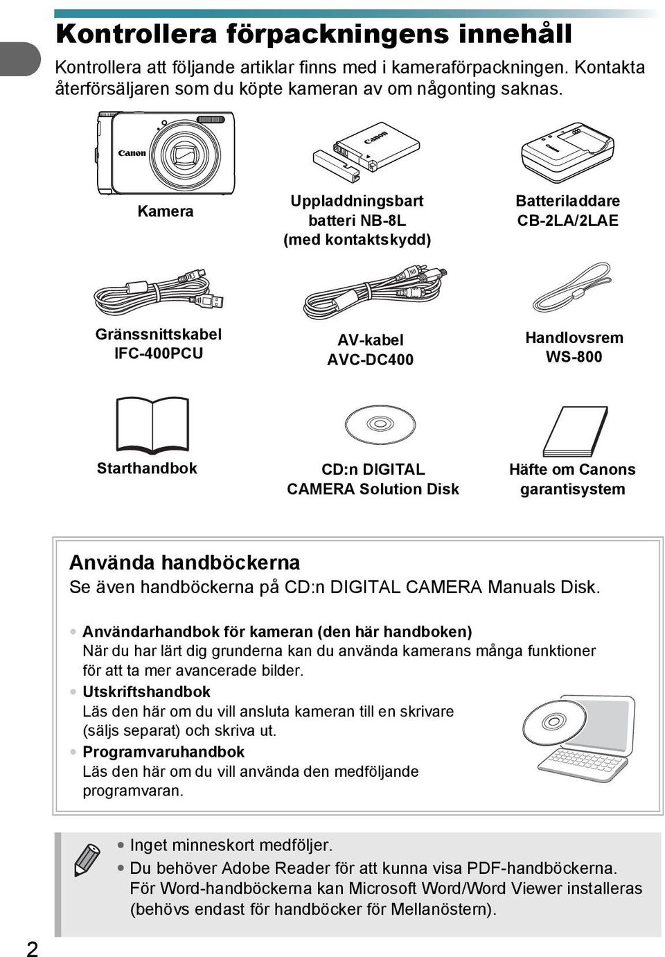 Häfte om Canons garantisystem Använda handböckerna Se även handböckerna på CD:n DIGITAL CAMERA Manuals Disk.