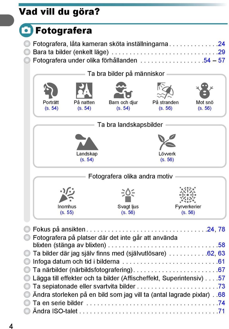 56) P Mot snö (s. 56) H Inomhus (s. 55) Fotografera olika andra motiv Svagt ljus (s. 56) t Fyrverkerier (s. 56) Fokus på ansikten.