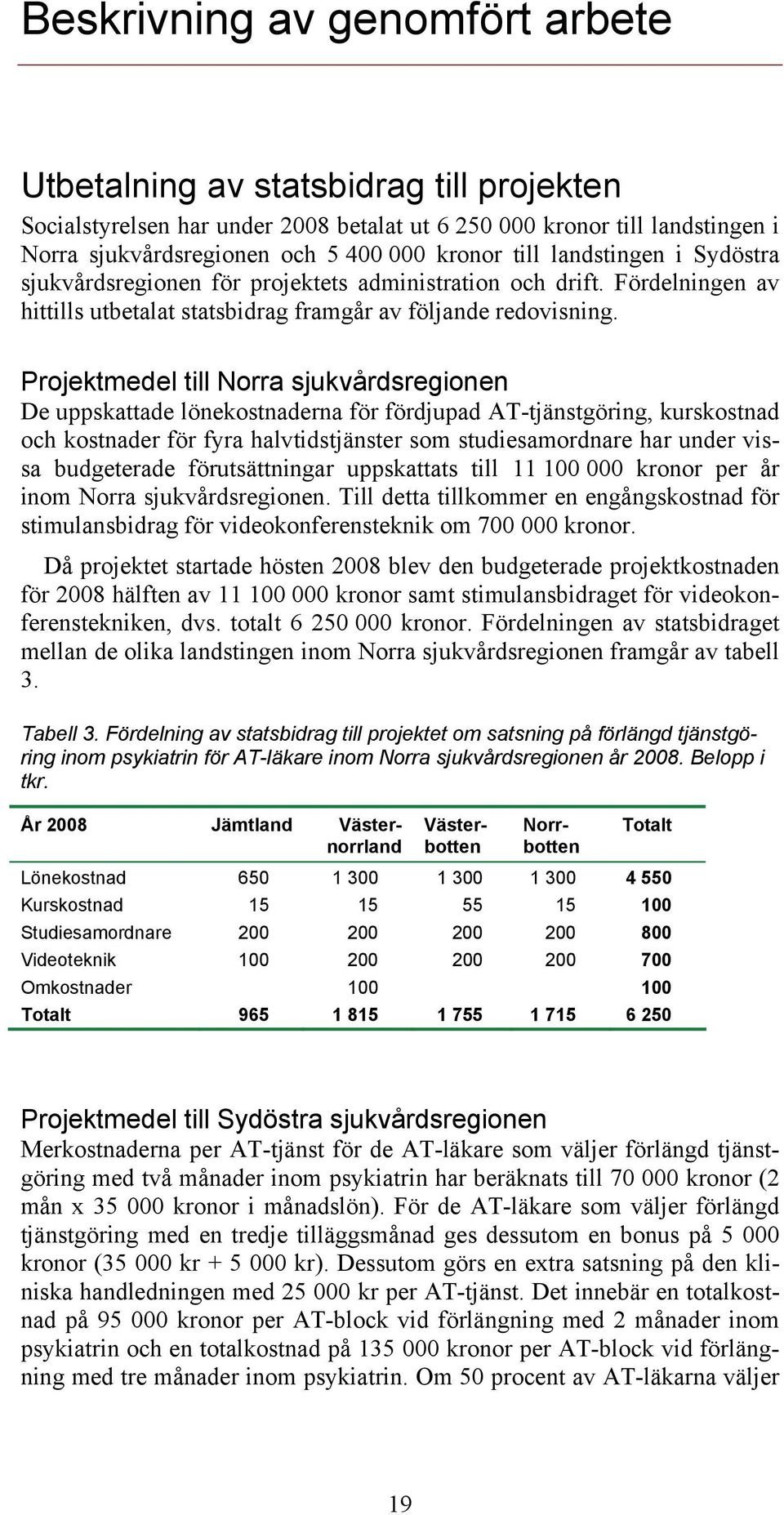 Projektmedel till Norra sjukvårdsregionen De uppskattade lönekostnaderna för fördjupad AT-tjänstgöring, kurskostnad och kostnader för fyra halvtidstjänster som studiesamordnare har under vissa