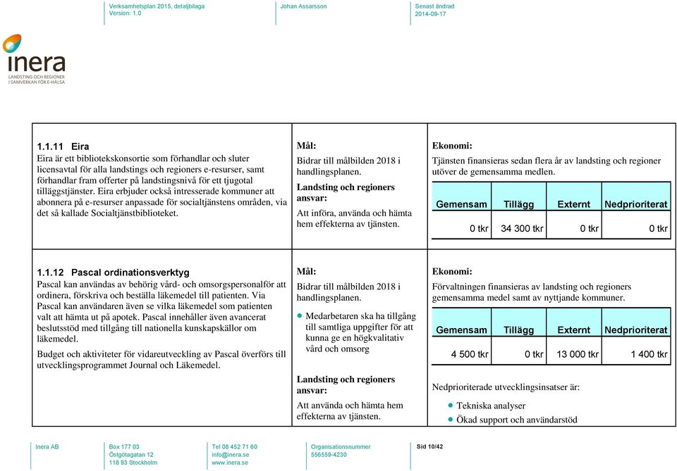 Bidrar till målbilden 2018 i handlingsplanen. Att införa, använda och hämta hem effekterna av tjänsten. Tjänsten finansieras sedan flera år av landsting och regioner utöver de gemensamma medlen.