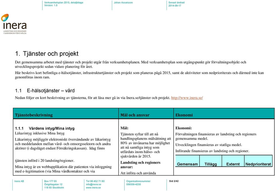 Här beskrivs kort befintliga e-hälsotjänster, infrastrukturtjänster och projekt som planeras pågå 2015, samt de aktiviteter som nedprioriterats och därmed inte kan genomföras inom ram. 1.