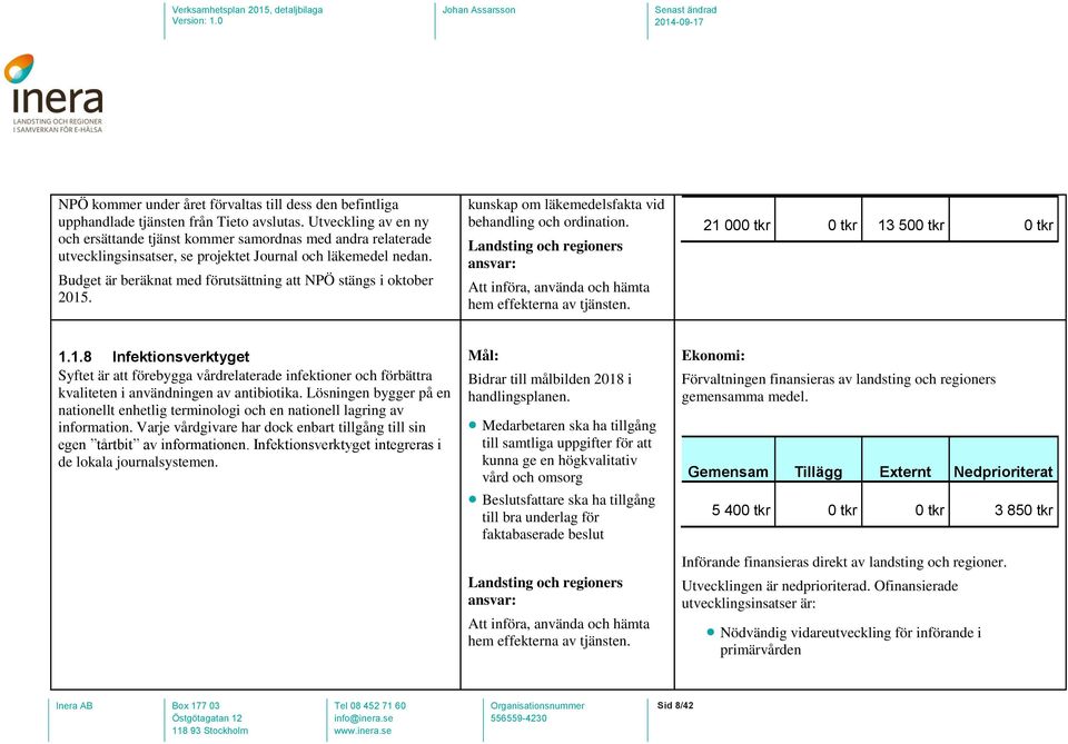 Budget är beräknat med förutsättning att NPÖ stängs i oktober 2015. kunskap om läkemedelsfakta vid behandling och ordination. Att införa, använda och hämta hem effekterna av tjänsten.