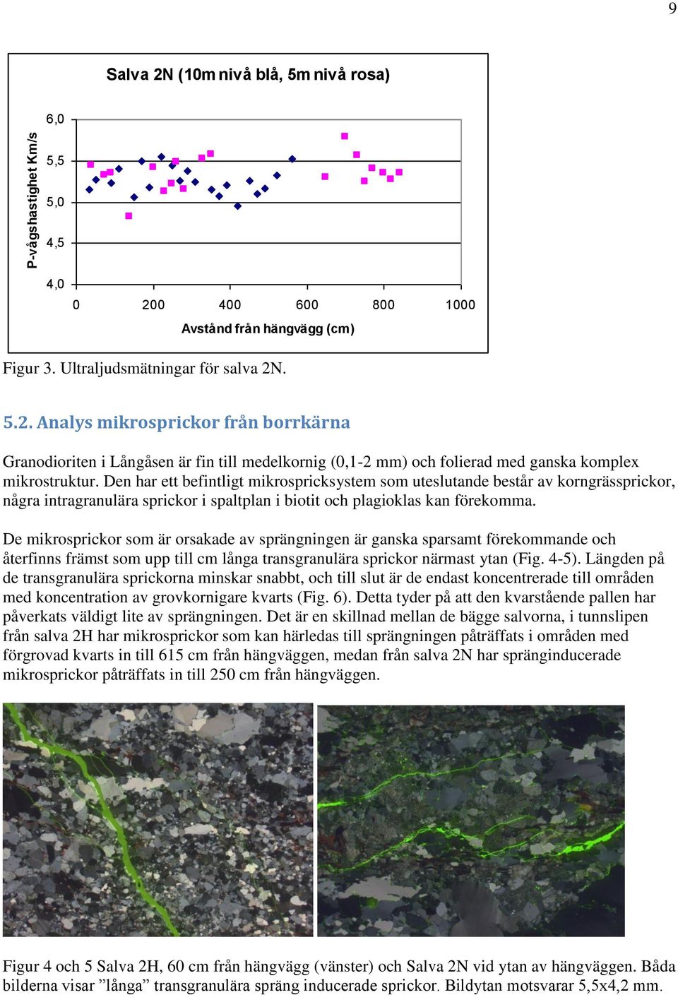 De mikrosprickor som är orsakade av sprängningen är ganska sparsamt förekommande och återfinns främst som upp till cm långa transgranulära sprickor närmast ytan (Fig. 4-5).