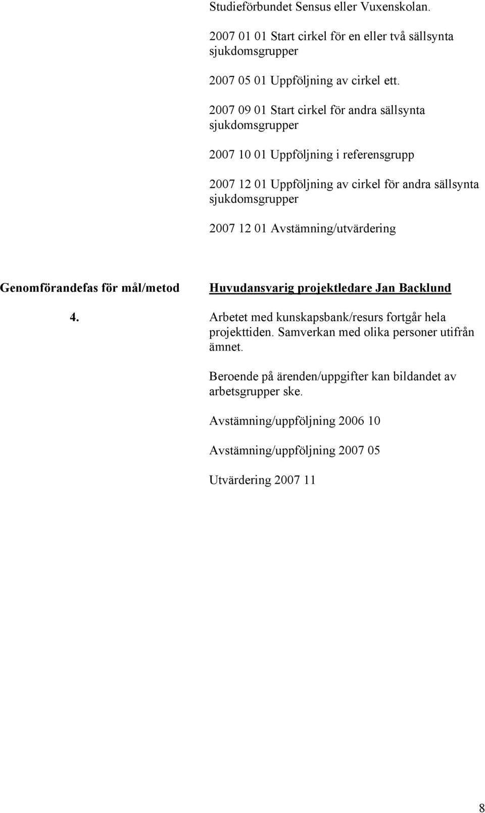 2007 12 01 Avstämning/utvärdering Genomförandefas för mål/metod Huvudansvarig projektledare Jan Backlund 4. Arbetet med kunskapsbank/resurs fortgår hela projekttiden.