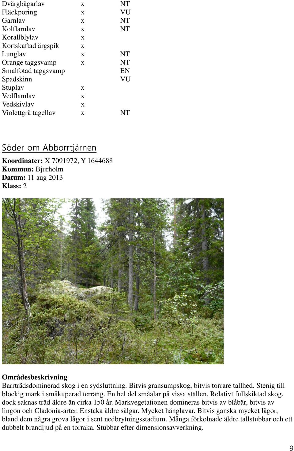 Bitvis gransumpskog, bitvis torrare tallhed. Stenig till blockig mark i småkuperad terräng. En hel del småalar på vissa ställen. Relativt fullskiktad skog, dock saknas träd äldre än cirka 150 år.