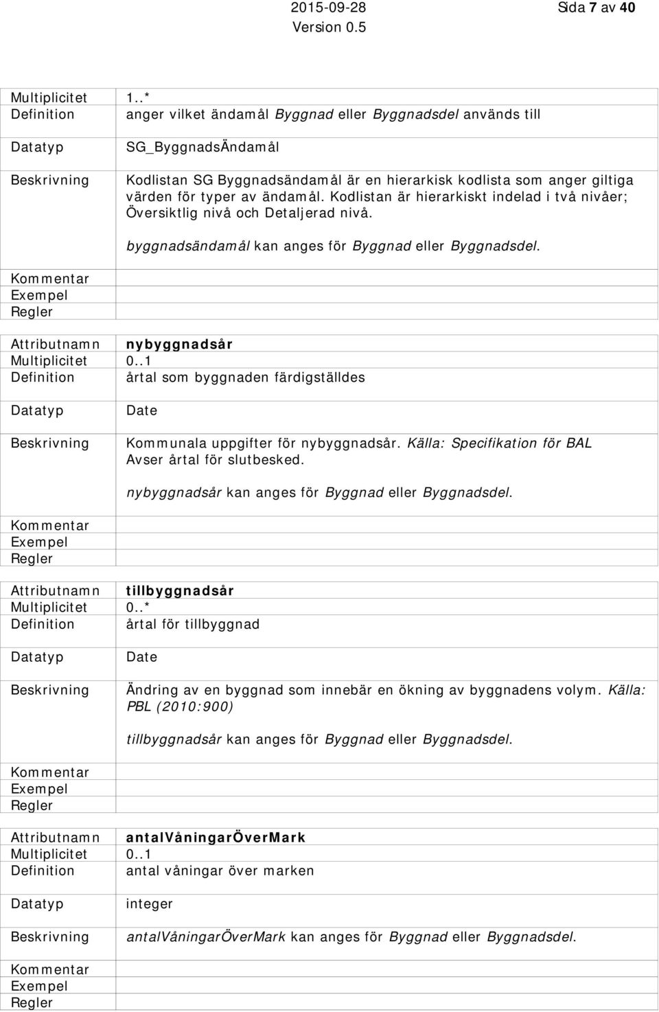 Kodlistan är hierarkiskt indelad i två nivåer; Översiktlig nivå och Detaljerad nivå. byggnadsändamål kan anges för Byggnad eller Byggnadsdel.