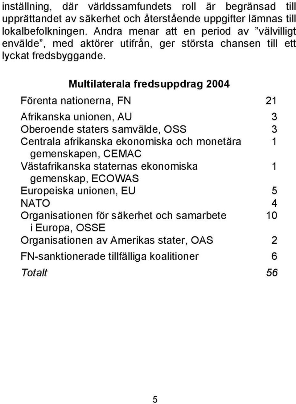 Multilaterala fredsuppdrag 2004 Förenta nationerna, FN 21 Afrikanska unionen, AU 3 Oberoende staters samvälde, OSS 3 Centrala afrikanska ekonomiska och monetära 1