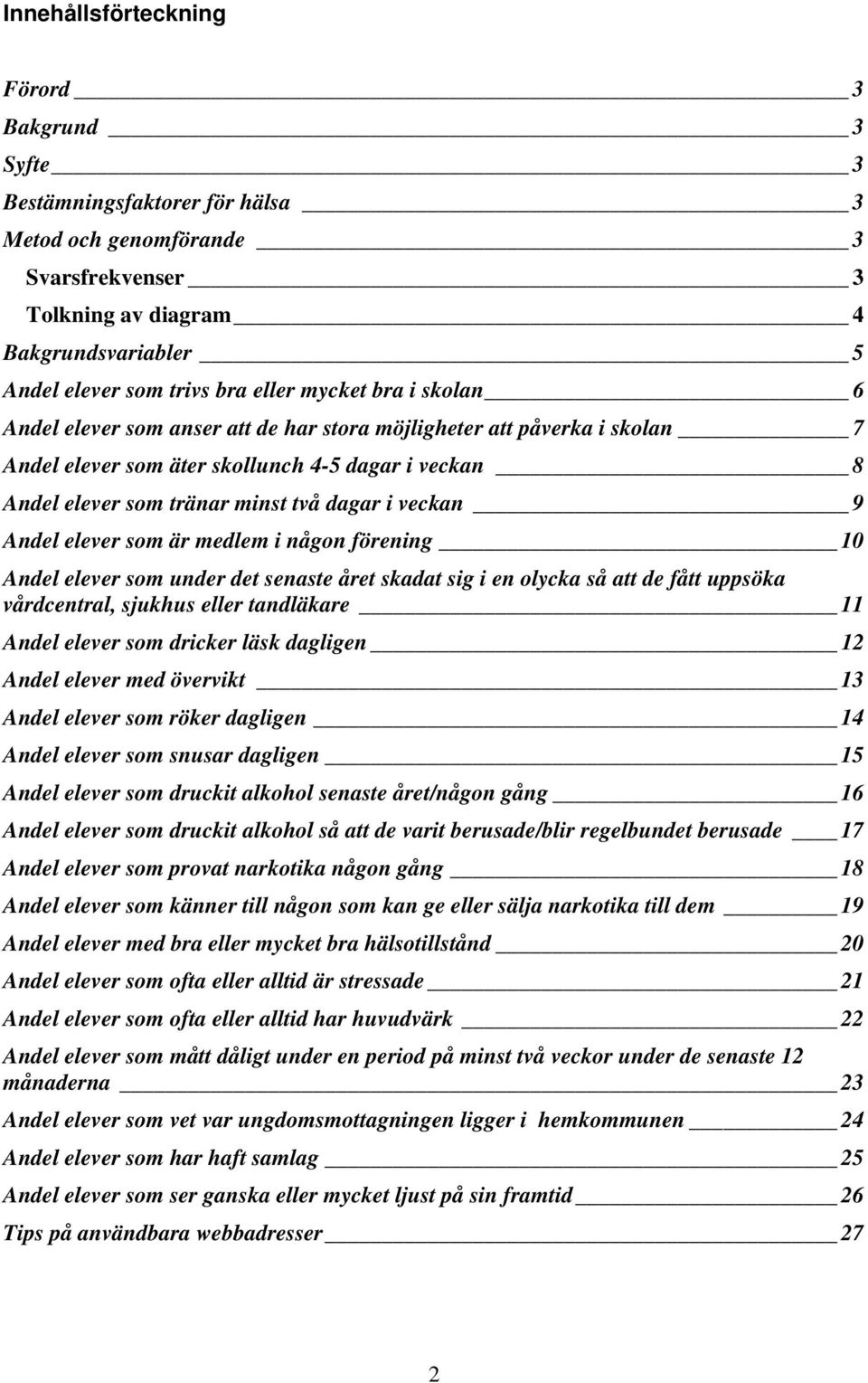 9 Andel elever som är medlem i någon förening 1 Andel elever som under det senaste året skadat sig i en olycka så att de fått uppsöka vårdcentral, sjukhus eller tandläkare 11 Andel elever som dricker