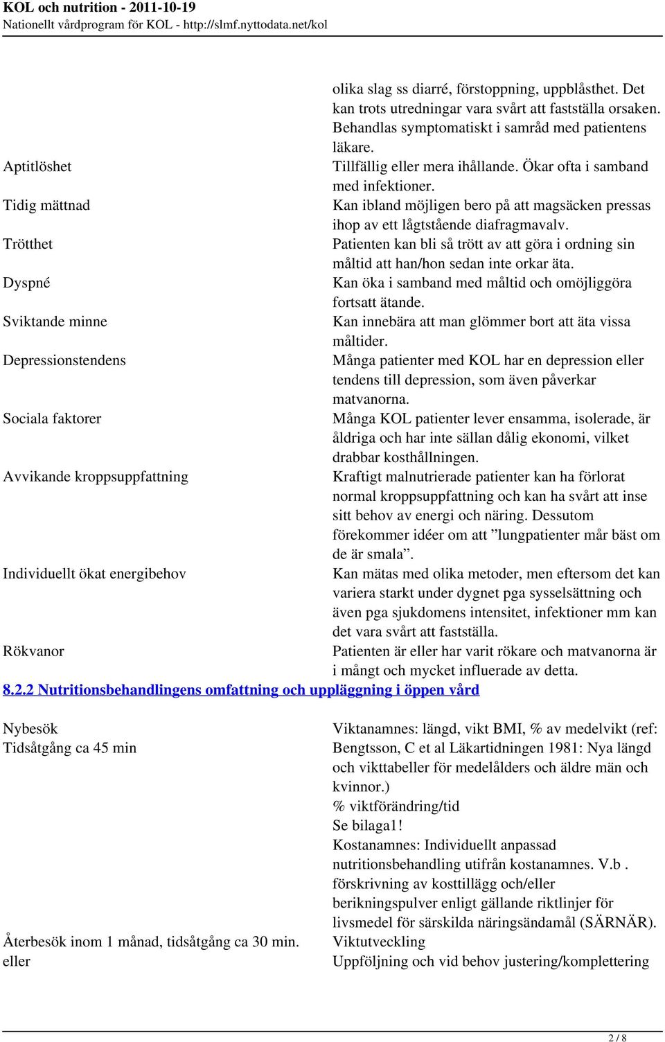 Trötthet Patienten kan bli så trött av att göra i ordning sin måltid att han/hon sedan inte orkar äta. Dyspné Kan öka i samband med måltid och omöjliggöra fortsatt ätande.