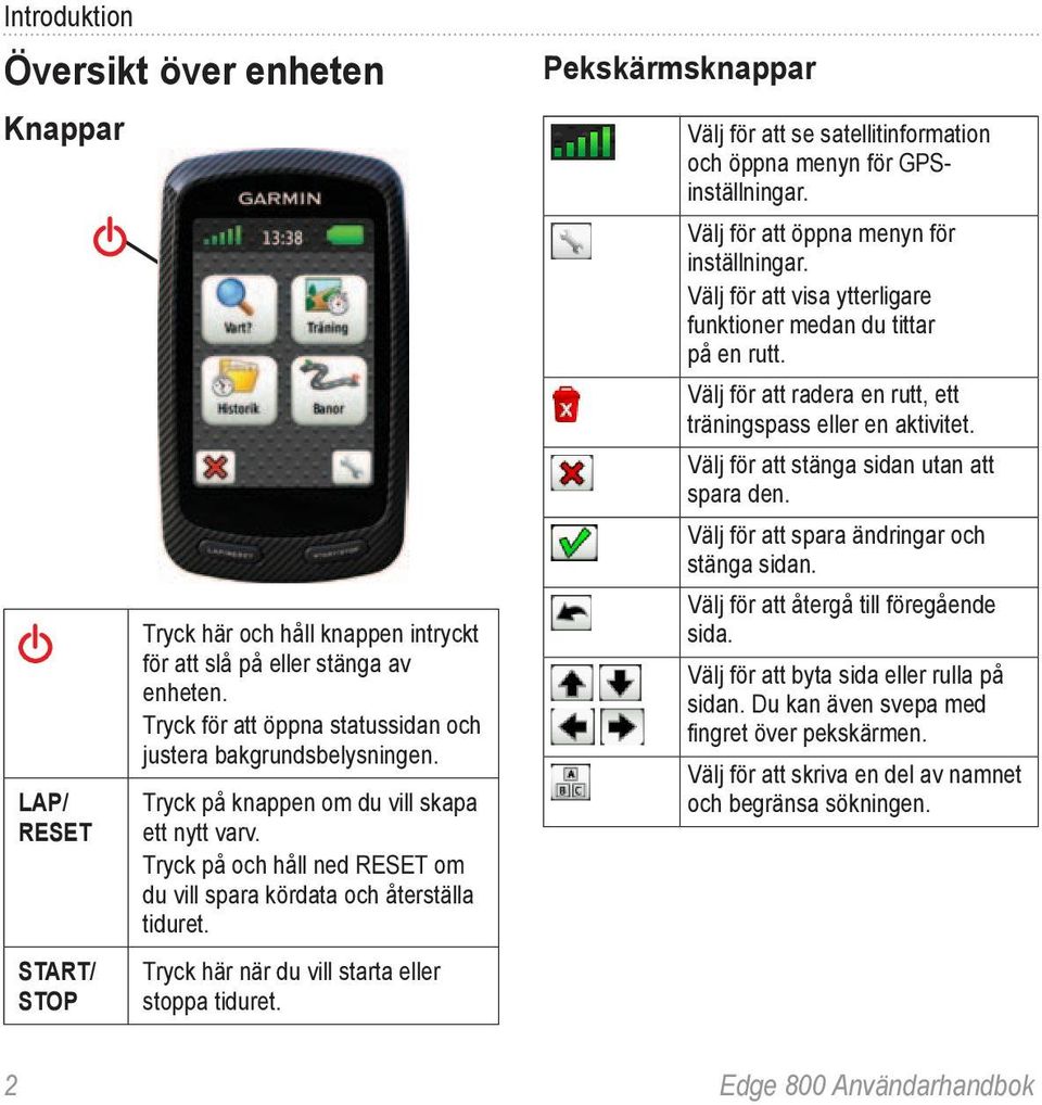 Tryck här när du vill starta eller stoppa tiduret. Pekskärmsknappar Välj för att se satellitinformation och öppna menyn för GPSinställningar. Välj för att öppna menyn för inställningar.