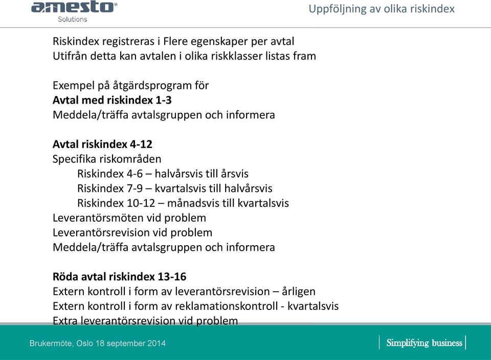 till kvartalsvis Leverantörsmöten vid problem Leverantörsrevision vid problem Meddela/träffa avtalsgruppen och informera Röda avtal riskindex 13-16 Extern kontroll i form av