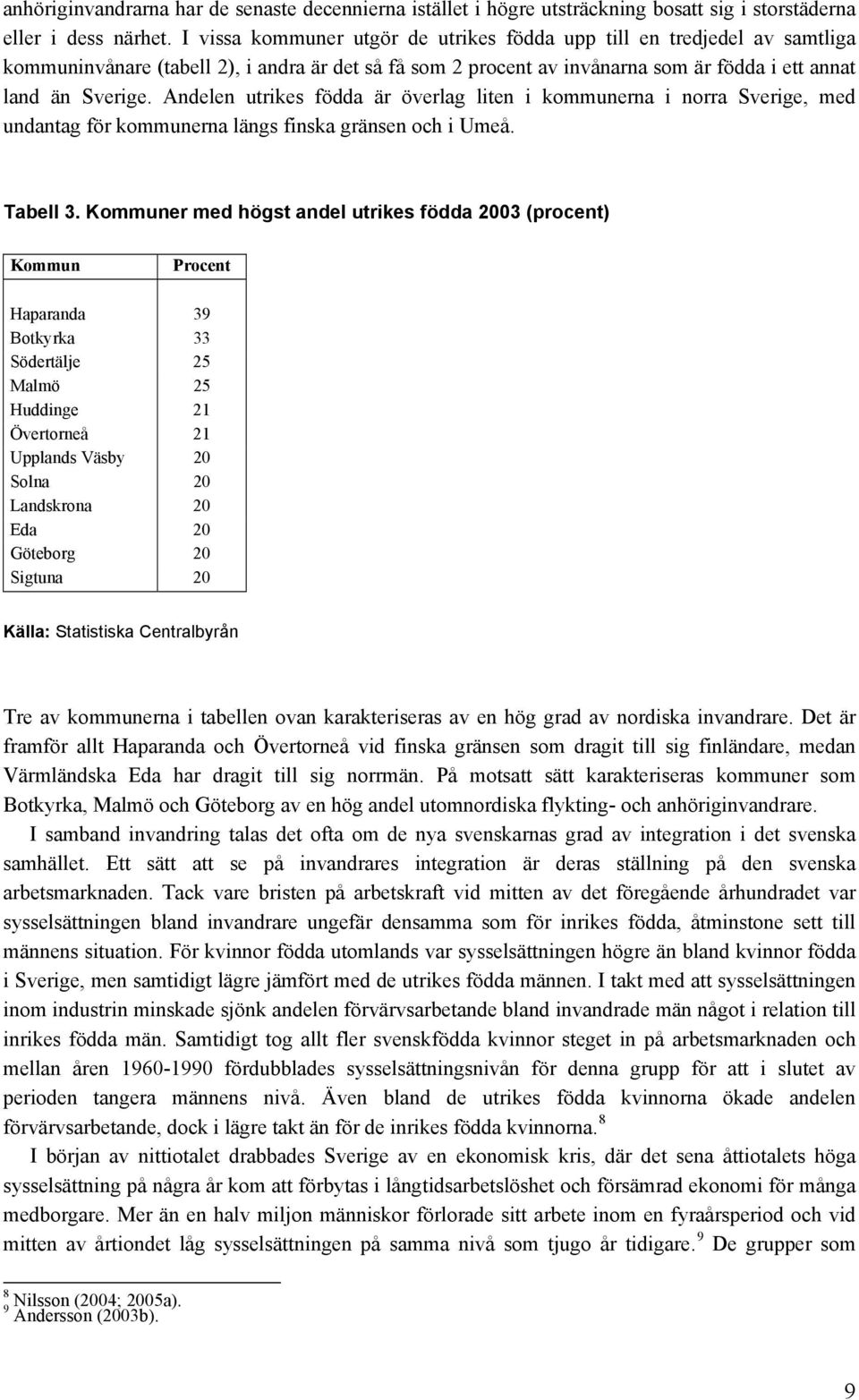 Andelen utrikes födda är överlag liten i kommunerna i norra Sverige, med undantag för kommunerna längs finska gränsen och i Umeå. Tabell 3.