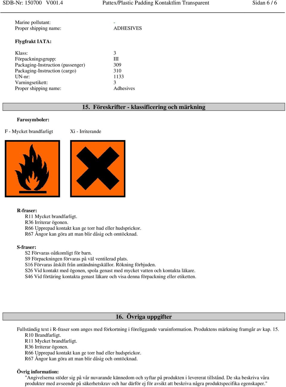 Proper shipping name: Adhesives Farosymboler: 15. Föreskrifter - klassificering och märkning F - Mycket brandfarligt Xi - Irriterande R-fraser: R11 Mycket brandfarligt. R36 Irriterar ögonen.